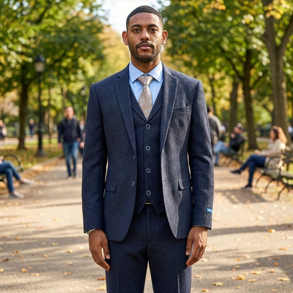 Hybrid Fit Classic Tweed Navy Mens Suit by Sean Alexander
